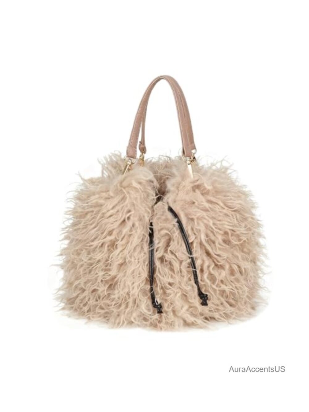Faux Fur Mongolian Tote Drawstring Bucket Bag Purse